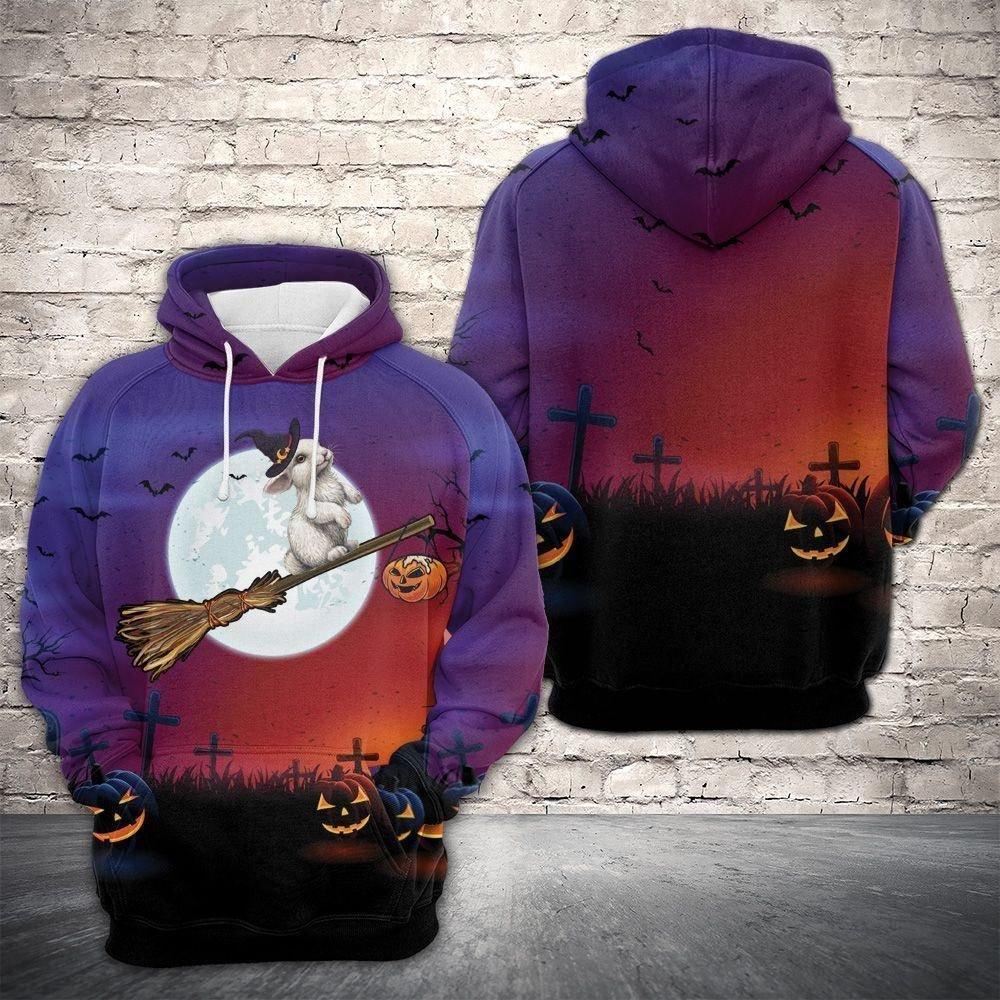 Broomstick Riding Rabbit Halloween Colorful 3D All-Over Print Unisex Hoodie