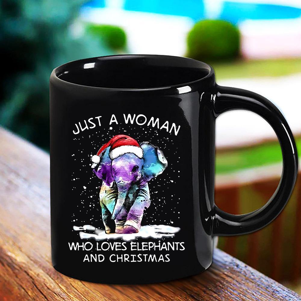 Just A Woman Who Loves Elephants And Christmas Black Mug