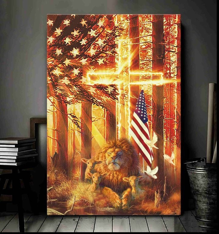 & Canvas | Lion And Lamb Cross American Flag, Lion And The Cross, Patriotic Home Decor Jesus Wall Art, Jesus Decor, Jesus Christ