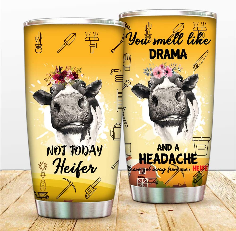 You Smell Like Drama And A Headache Steel Tumbler Mug, 20Oz Double Wall Vacuum Thermos Insulated Tumbler With Lid And Straw, Funny Cow Coffee Cup For Friends Birthday Chriatmas Graduation Mug