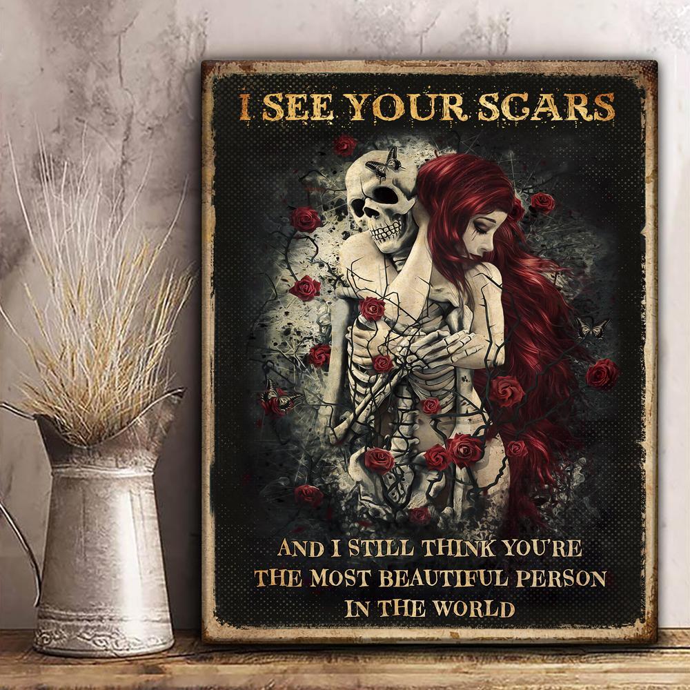 I See Your Scars Skull Couple Portrait Poster & Canvas Gift For Wife Gift For Husband Anniversary Gift Home Decor Wall Art Visual Art