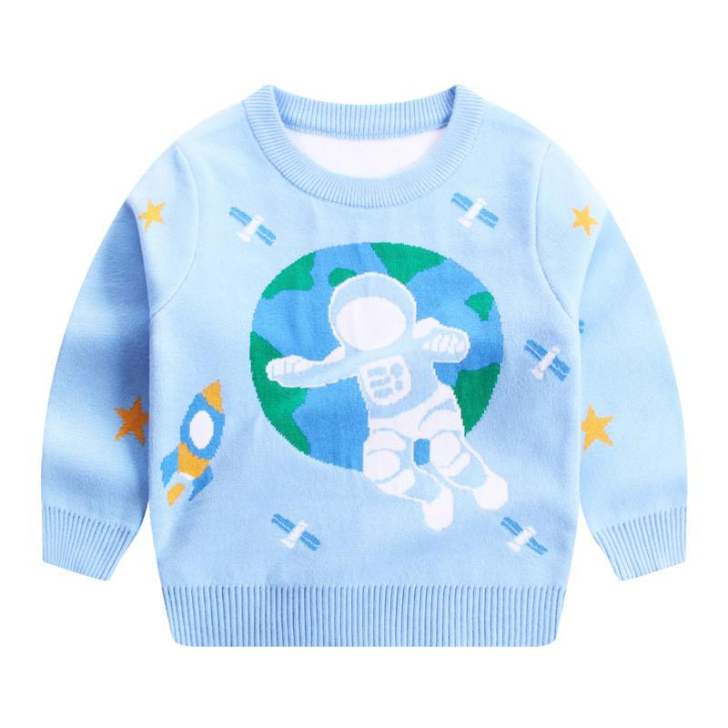 Winter Baby Boy Clothes Cartoon Knitted Sweater Space Pattern Long Sleeve O Neck Thick Blue Pullover Tops For Children 2-7Y alx