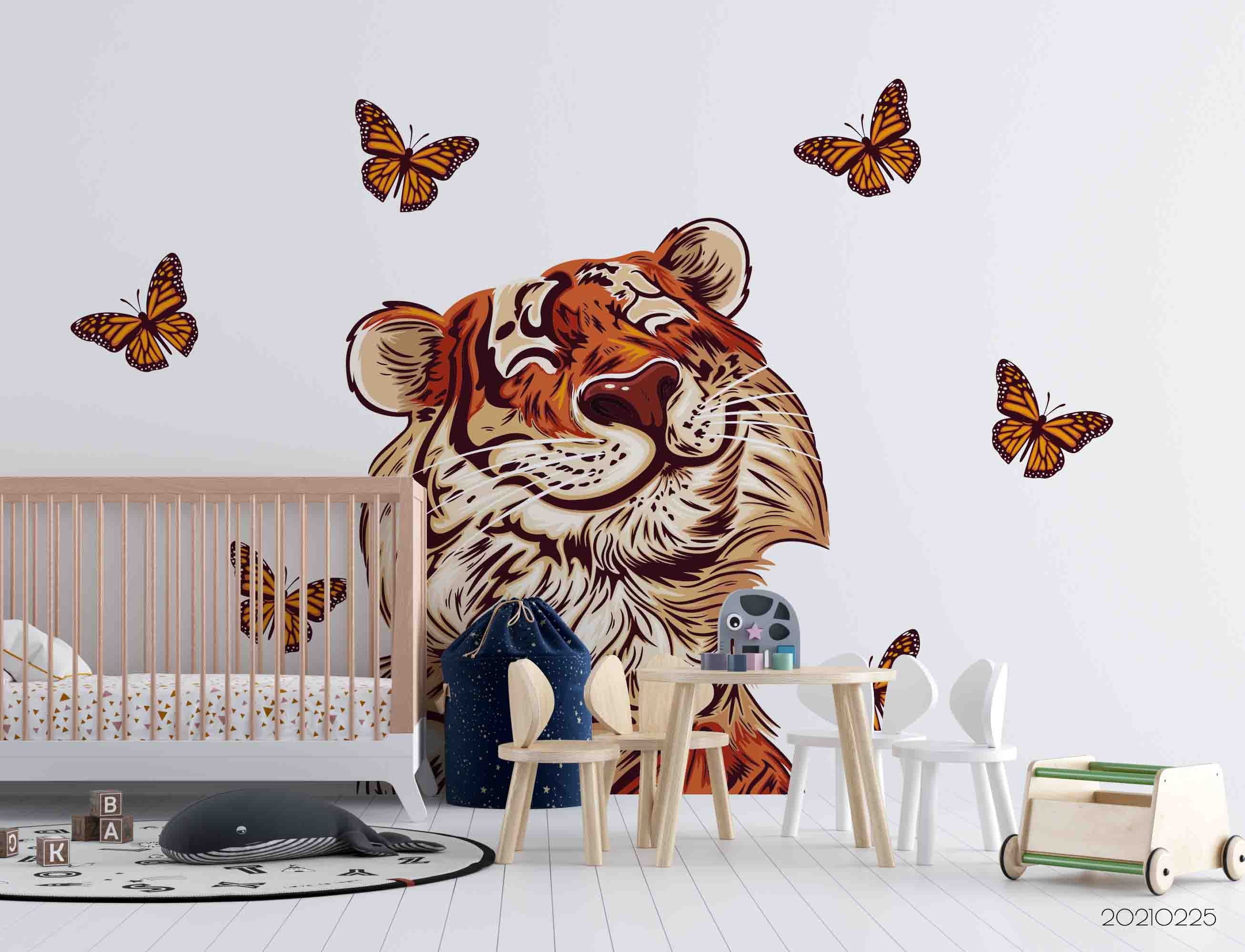 3D Cartoon Animal Tiger Butterfly Wall Mural Wallpaper Lqh 184