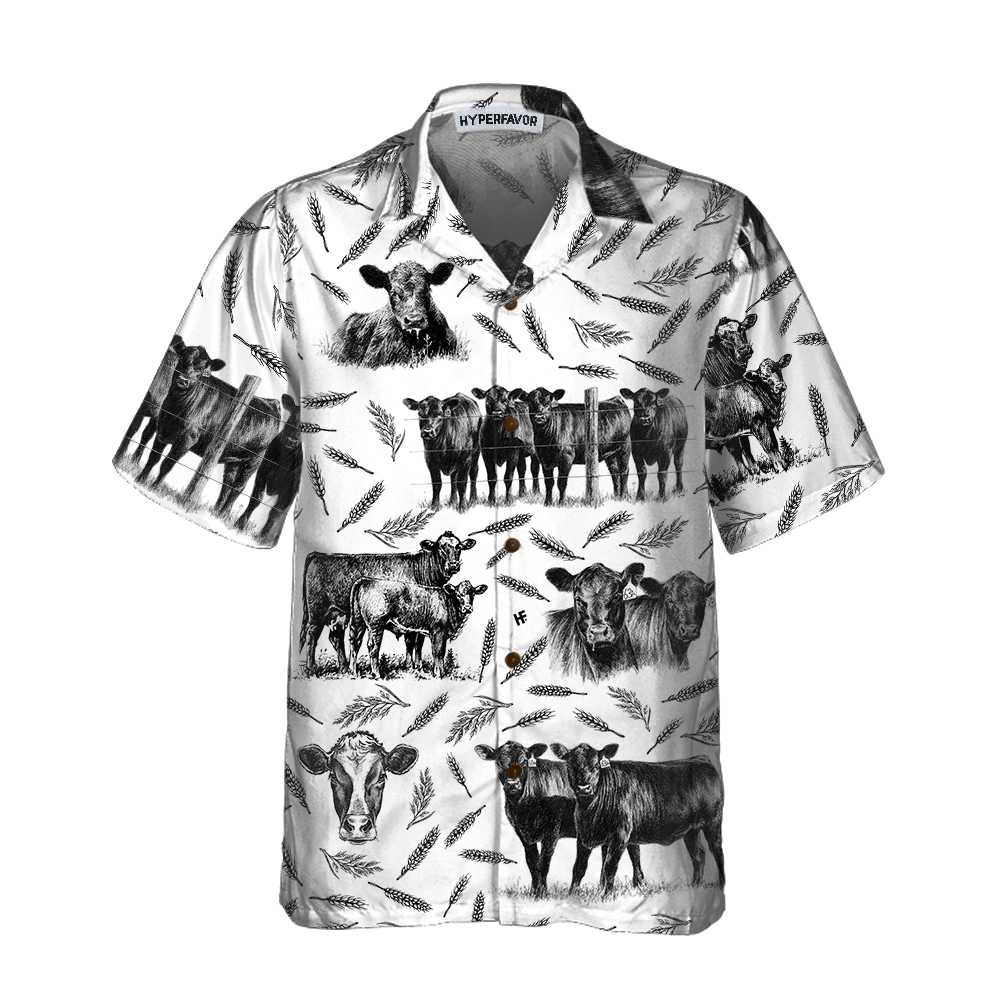 Monochrome Black Angus And Wheat Pattern Cow Hawaii Funny Hawaii Shirt With Cows Ha55624