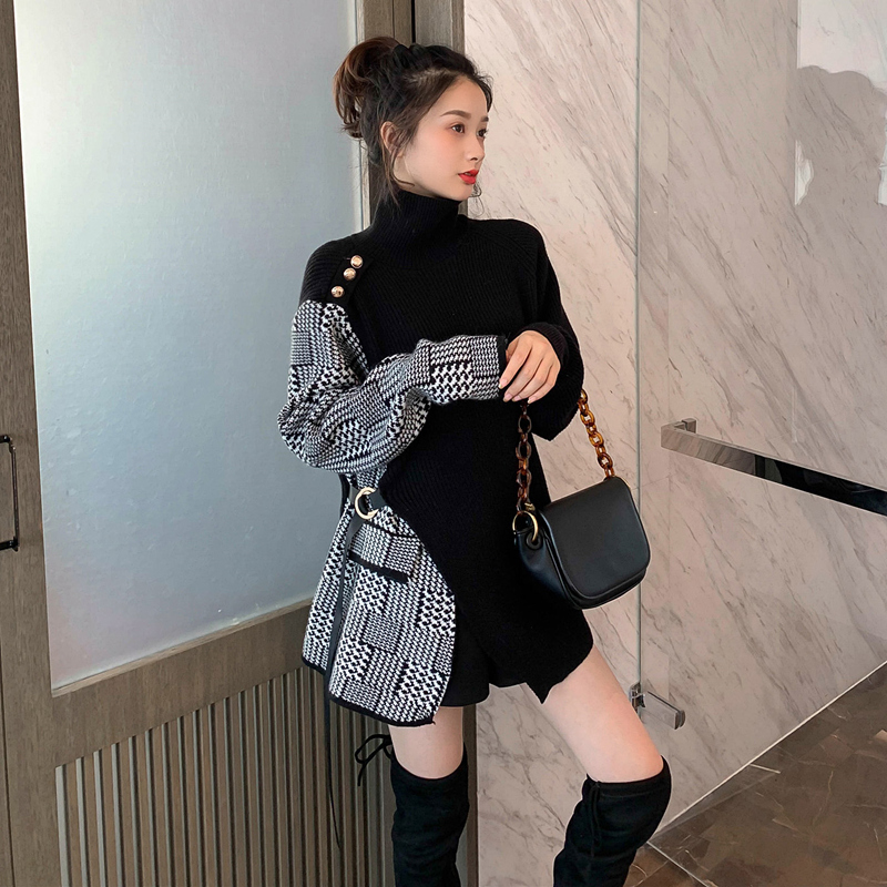 Thicken Warm Winter Sweater Women New Turtleneck Long Sleeve Plaid Patchwork Oversize Sweater Pullover Tops Sueter Mujer alx