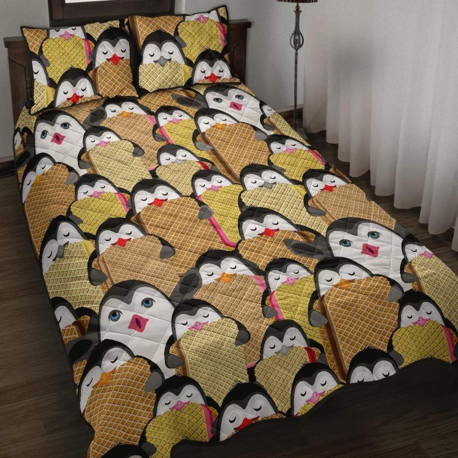 Penguin Waffle Pattern Print Bed Set Quilt