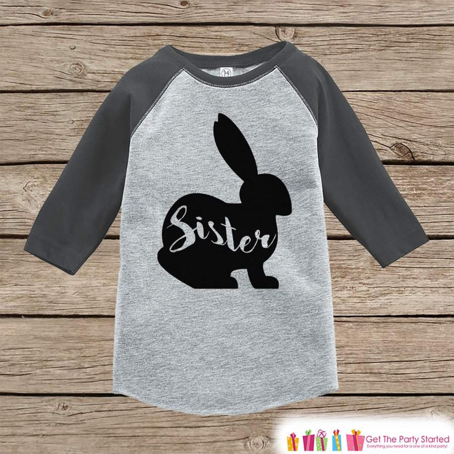 Kids Spring Outfit – Sister Bunny Shirt or Onepiece – Bunny Silhouette Family Shirts – Baby, Toddler – Girls Easter Sibling Shirts – Grey