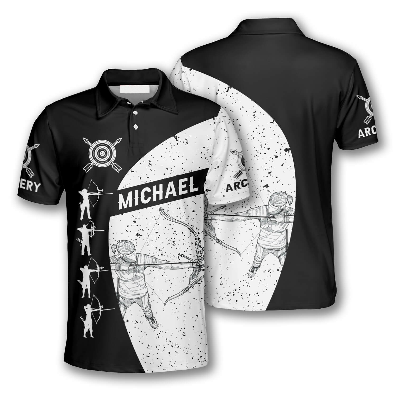 Personalized Archery Silhouettes Black White Version Custom Archery Polo Shirts For Men