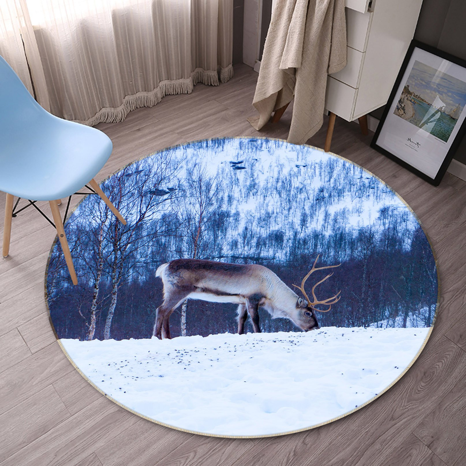 3D Lonely Snow Elk Animal Round Rug – Round Carpet Home Decor