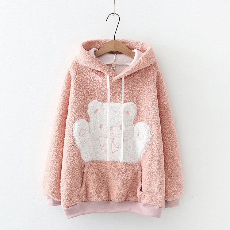 Winter Fleece Women Preppy Style Lamb Hair Cute Bear Sweatshirts Plus Velvet Thick Mid-Length Loose Hoodies 2011212 alx