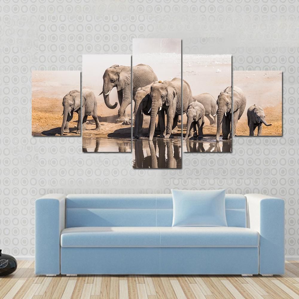 Family Of African Elephants Animal 5 Panel Canvas Art Wall Decor