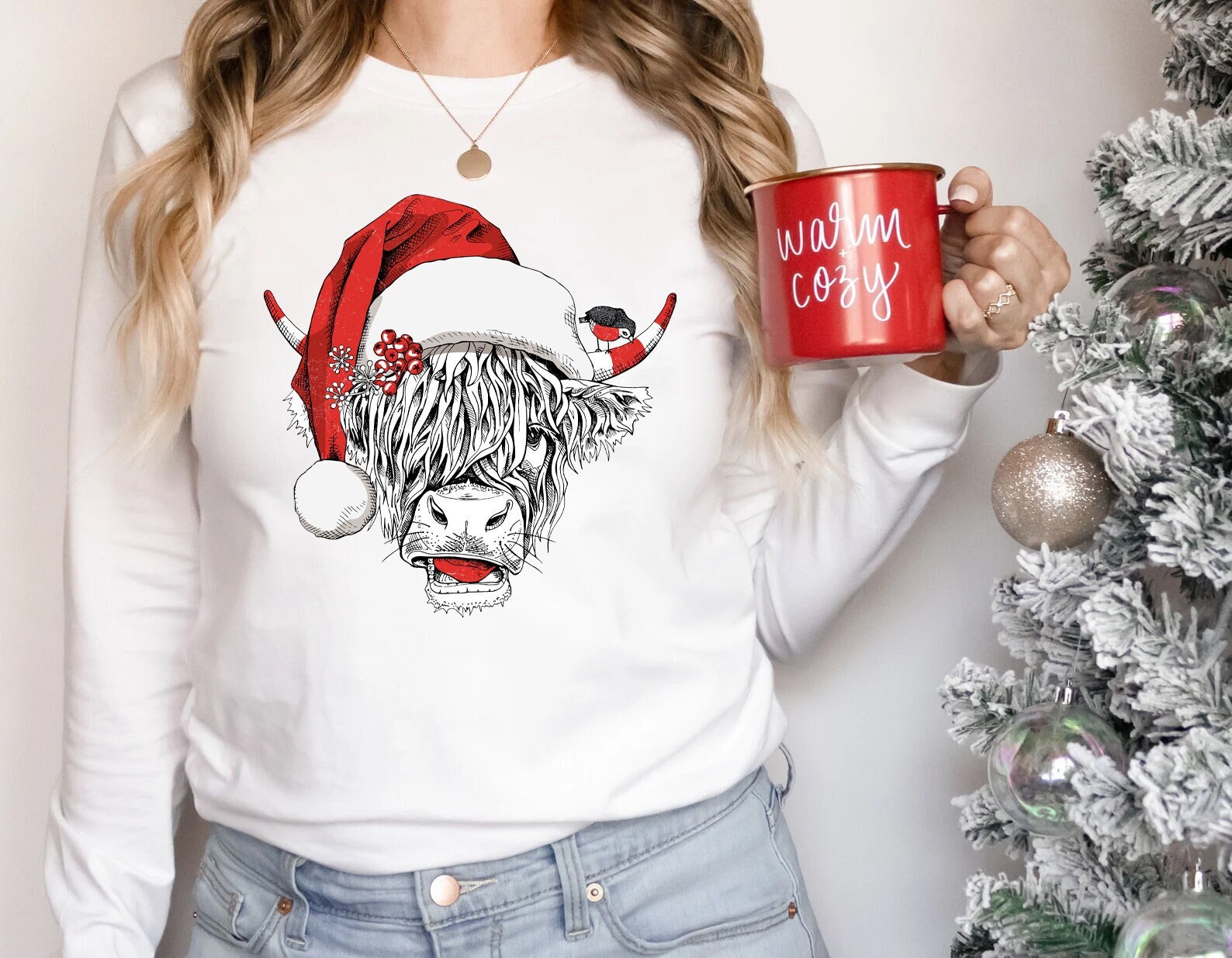 Cow Christmas Sweatshirt, Merry Christmas Heifers Tee, Christmas Cow Shirt, Highland Farm Long Sleeve Shirt, Farmer Cow Animal Lover