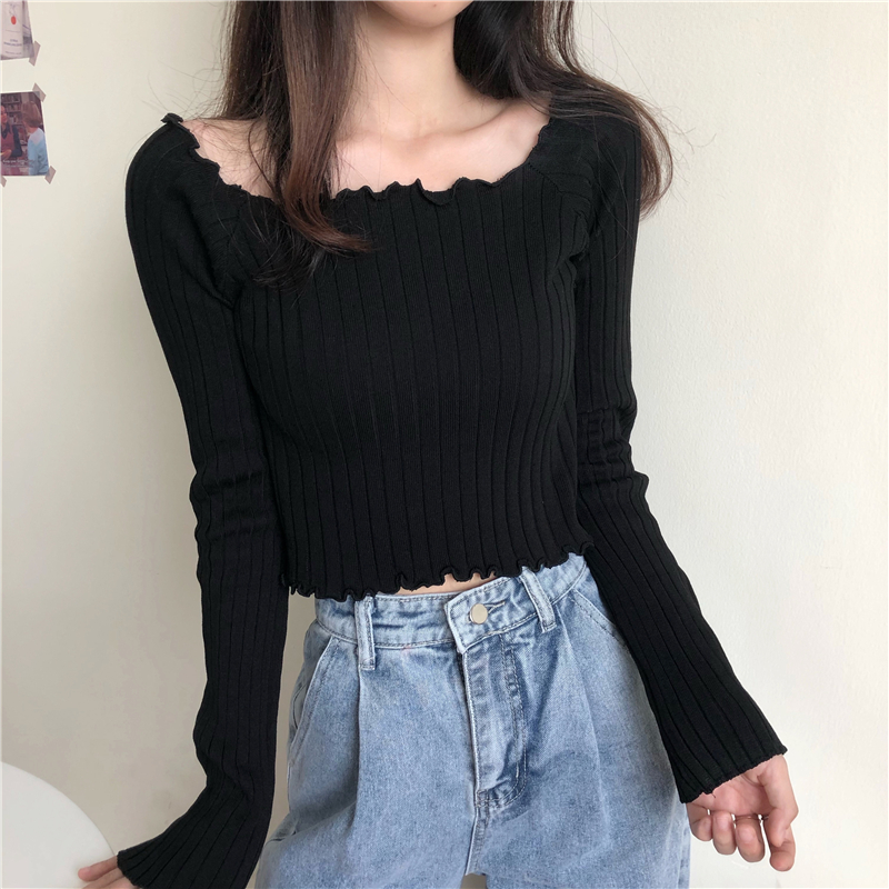 Women’s Sweater 2022Winter Fashion Sexy Navel Bare Cropped Tops Chic Wave Edge Casual Lady Knitted Pullover Short Solid Sweaters alx