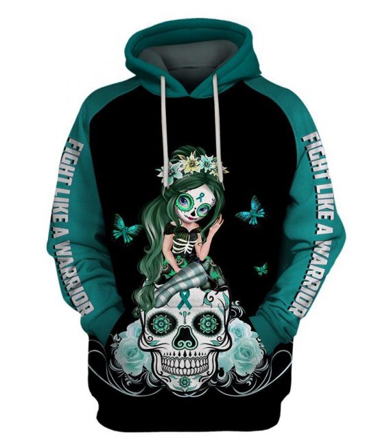 Skull Gift Fight Like A Warrior™ Teal Ovariant Cancer Sugar Skull Girl Awareness Hoodie