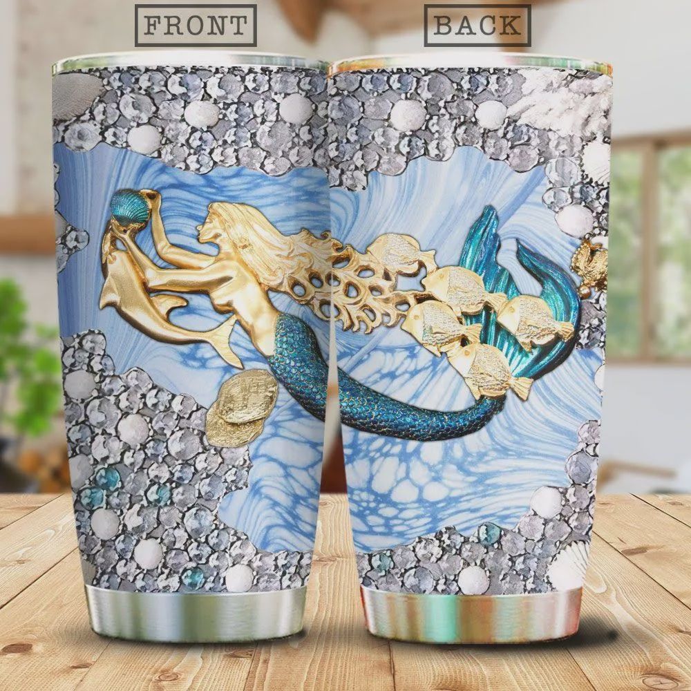 Gold Mermaid Tumbler Cup, Blue Fishtail, Gold Dolphin, Stainless Steel Vacuum Insulated Tumbler 20 Oz, Perfect Gifts For Mermaid Lovers, Great Gifts For Birthday Christmas Thanksgiving