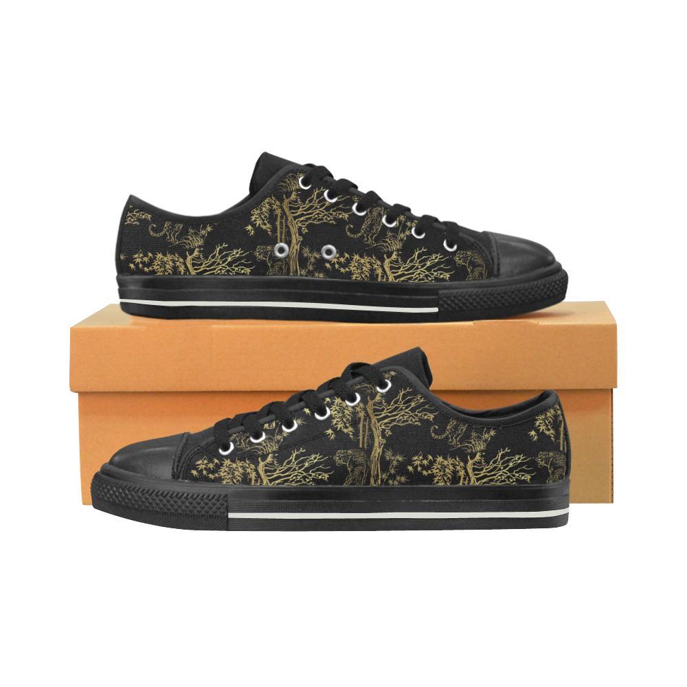 Bengal Tiger And Tree Pattern Kid’S Low Top Canvas Shoes Black