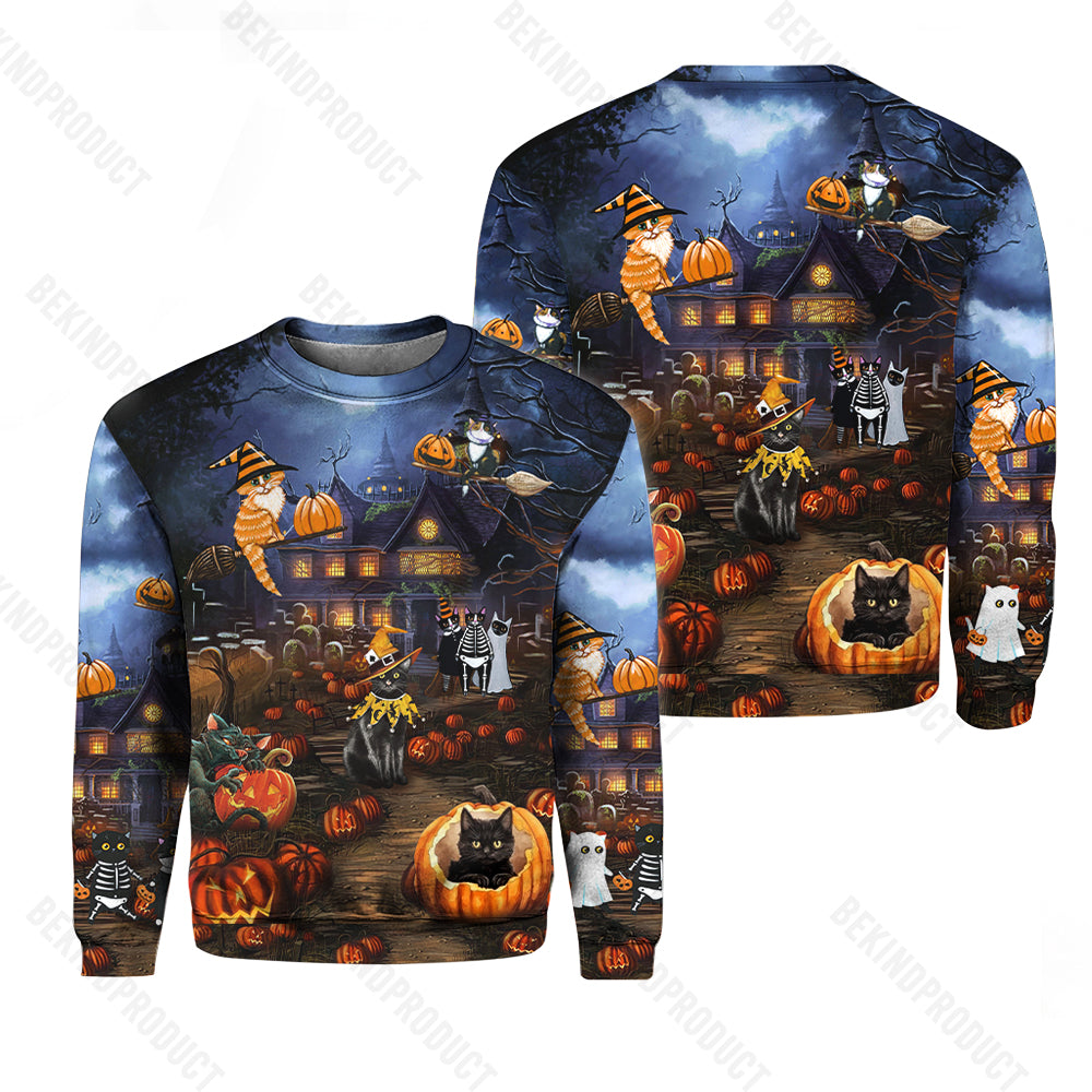 Halloween When Cats Fly Night Crewneck Sweatshirt All Over Print Sweatshirt For Women Sweatshirt For Men Swn1209