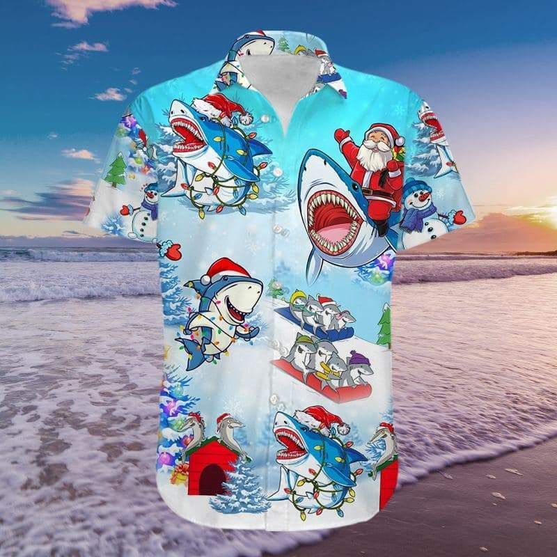 Funny Shark And Santa Claus Merry Christmas Hawaii Aloha Shirts H Ha29039