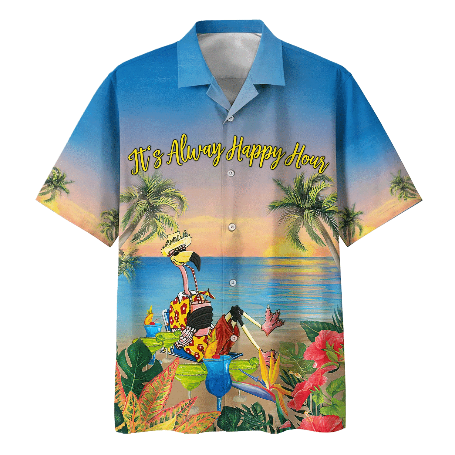 Flamingo Alway Happy Hour Print Short Sleeve Hawaii Casual Shirt Ha70459