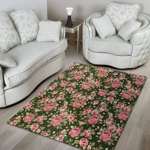 Vintage Pink Rose Floral Print Area Rug