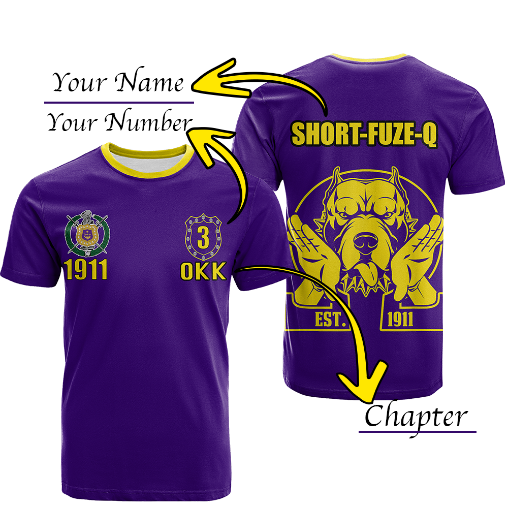(Custom Personalised) (Short-Fuze-Q) Omega Psi Phi T Shirt – Bulldog Crown Psi Hand Sign – Lt20