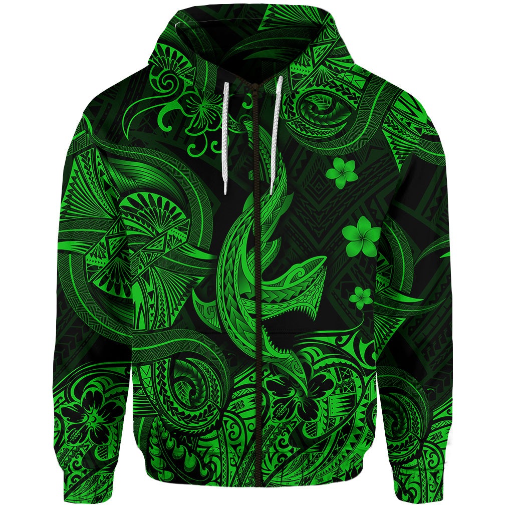 (Custom Personalised) Hawaii Angry Shark Polynesian Zip Hoodie Unique Style – Green Lt8