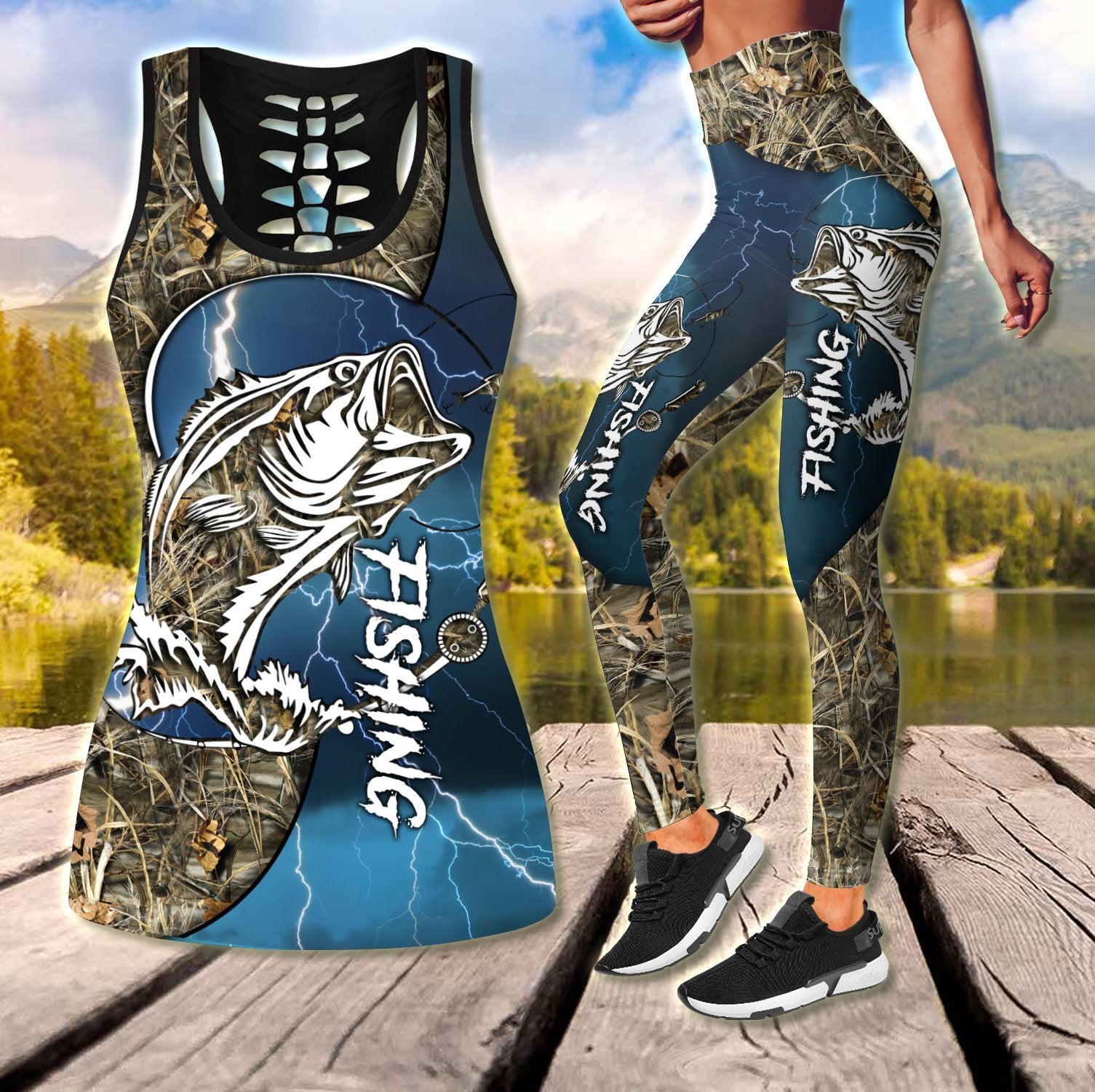 Women Tank Top Leggings Bass Fishing – Blue Tattoos Camo Combo Legging + Tank