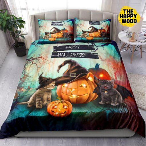 Two Halloween Kitten Quilt Bed Set And Pillow Covers