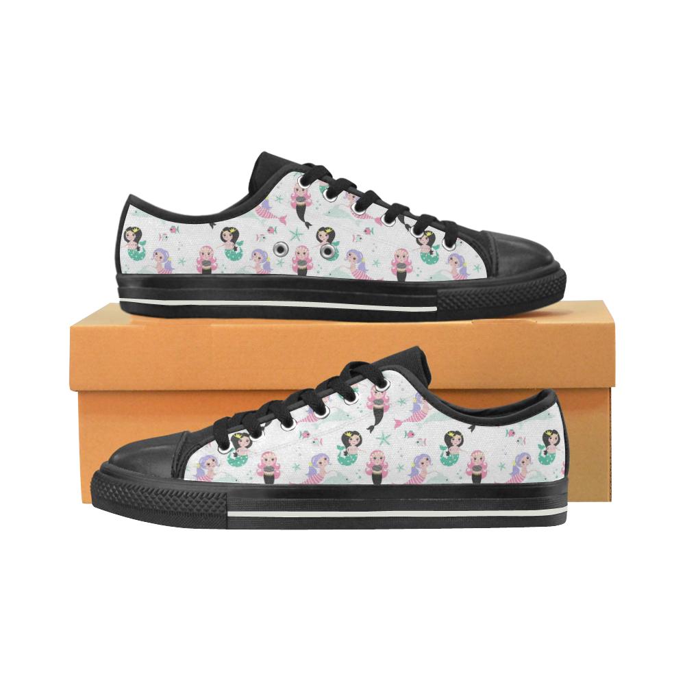 Cute Mermaid Dolphin Fish Starfish Pattern Kid’S Low Top Canvas Shoes Black