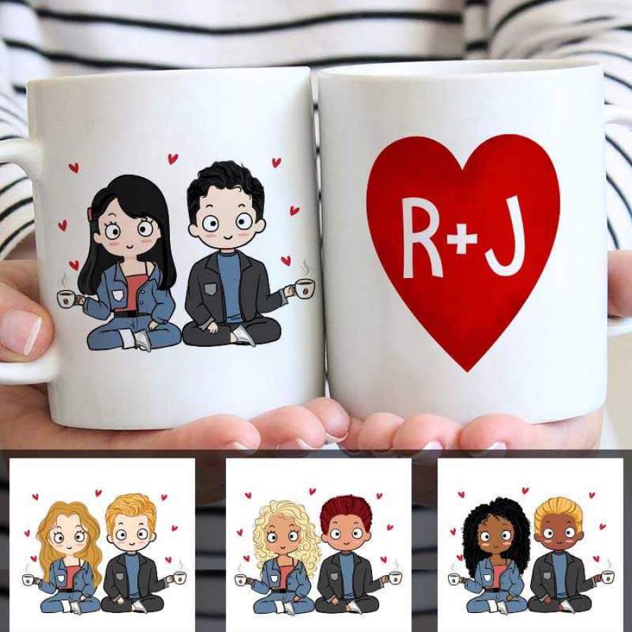 Chibi Couple Love Heart Initial Personalized Coffee Mug