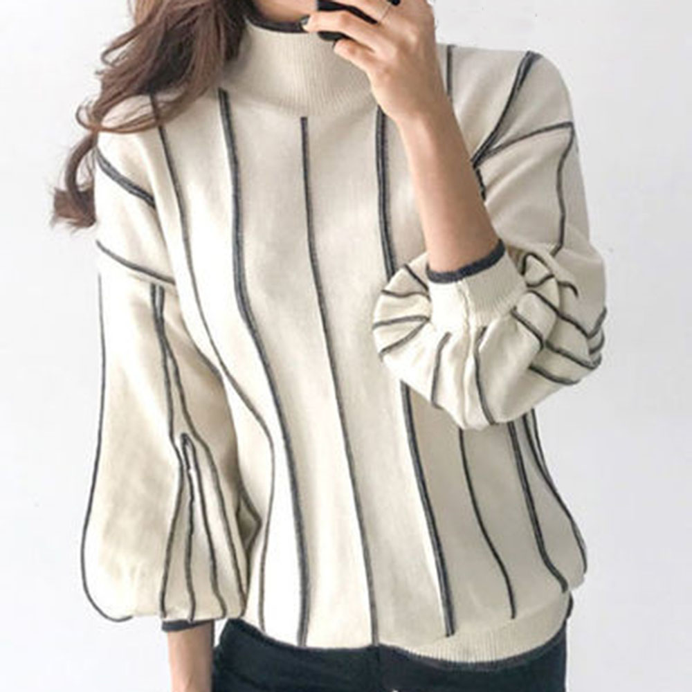 Sweaters For Women 2022 Throat Female Puff Sleeve Stripe Elegant Office Ladies Long Sleeve Top Korean Autumn Knitted Jumper alx