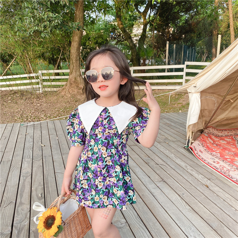 2020 New Summer Little Girls Short Puff Sleeve Floral Chiffon Lapel Collar Princess Dresses Toddler Children Fashion Sweet Dress alx