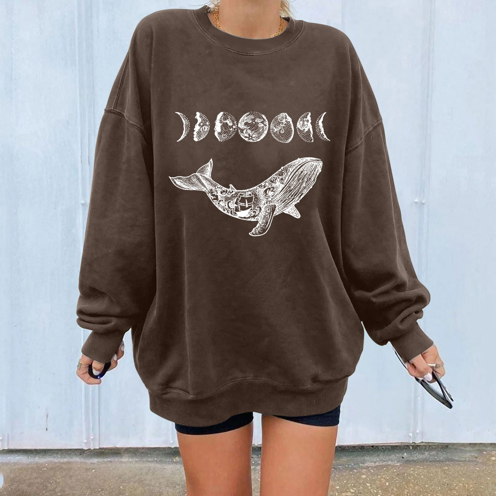 Vintage Women Hoodies Sweatshirts Whale Moon Print Drop-shoulder Long Sleeve Loose Sweatshirts Graphic Sport Top Clothes Moletom alx