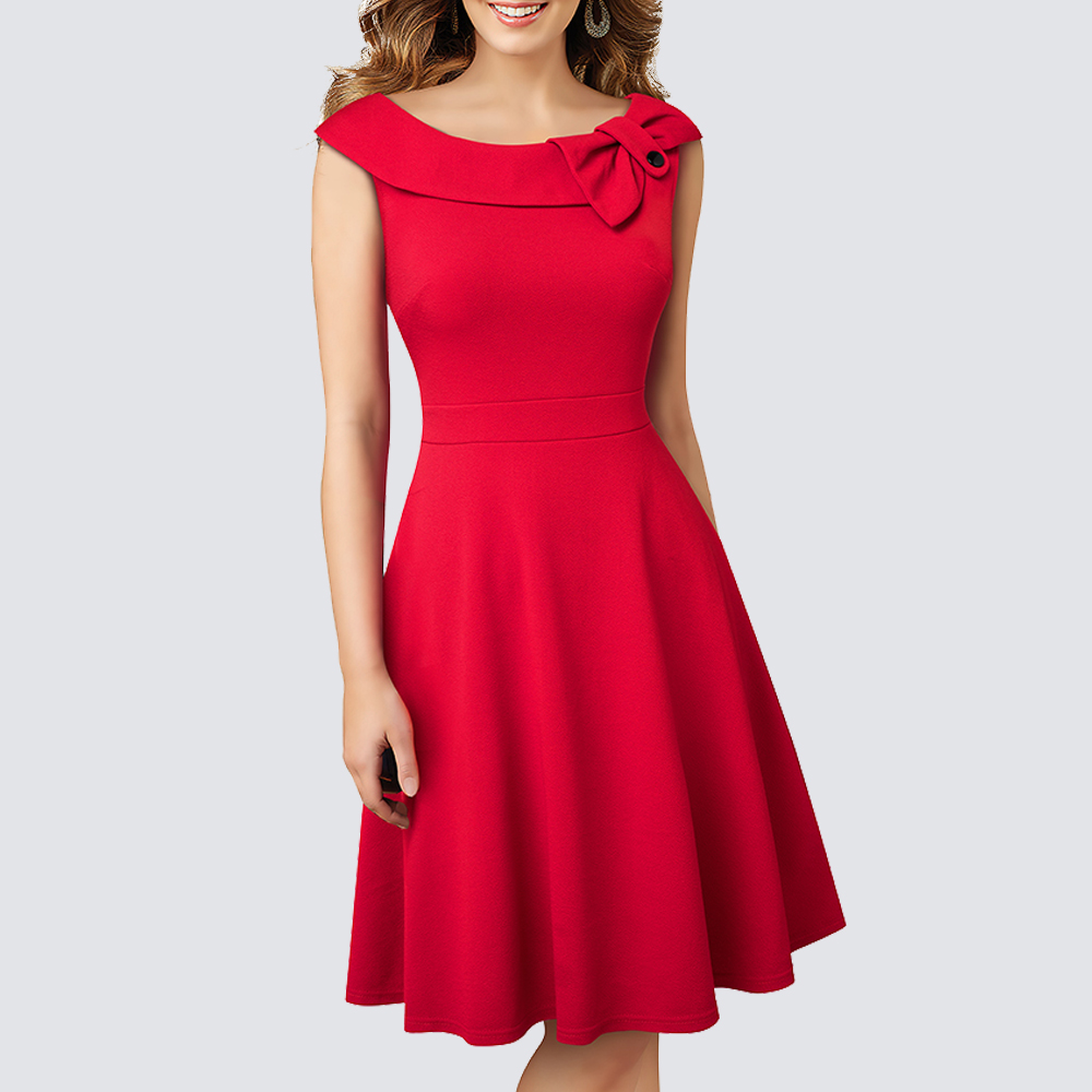 Women Retro Elegant Sleeveless Designed Neckline Bow Button Swing A-Line Knee Length Dress HA258 alx