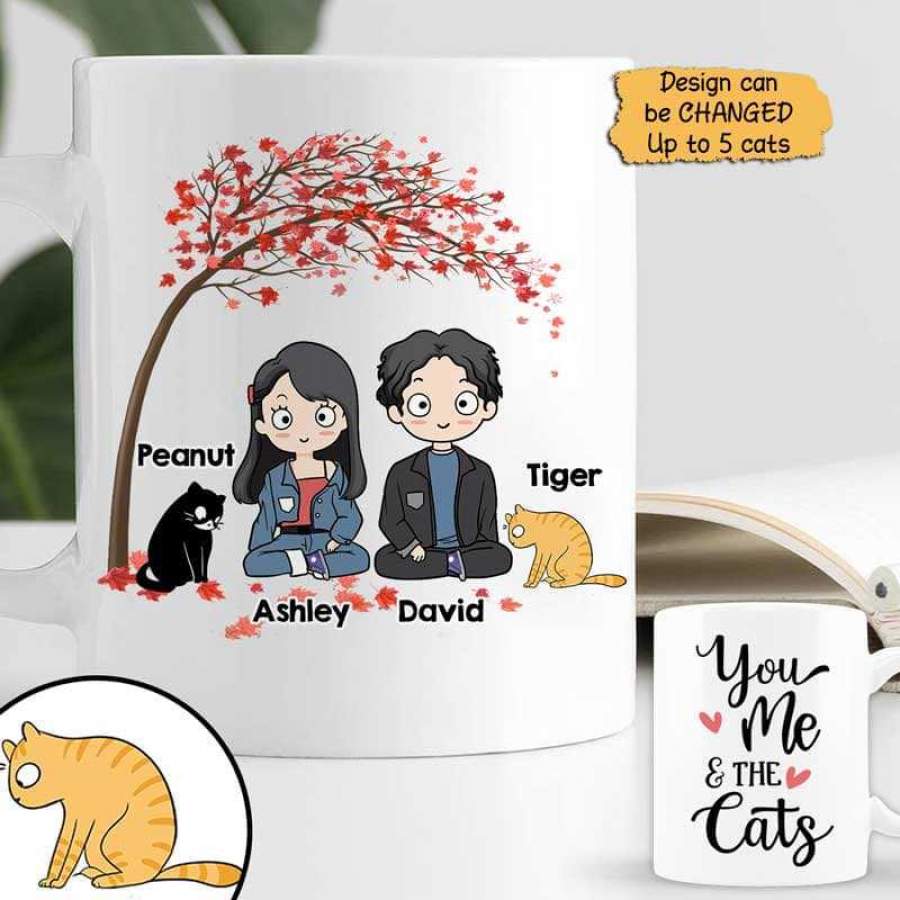 Chibi Couple And Cats Valentine Tree Personalized AOP Mug