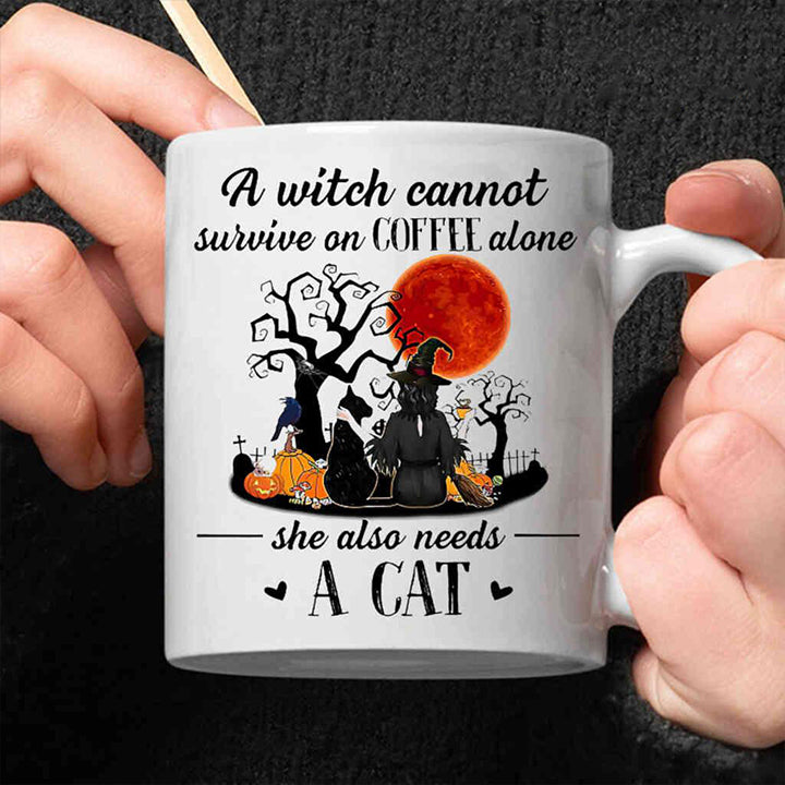 A Witch Cannot Survive On Coffee Alone She Also Needs A Cat Halloween Coffee Mug 11Oz | Halloween Gifts