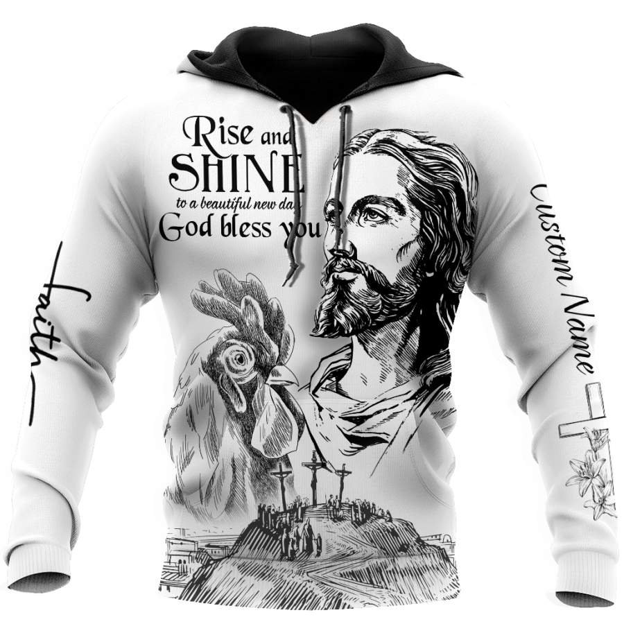 Rooster Rise And Shine Jesus 3D Over Printed Unisex Deluxe Hoodie ML