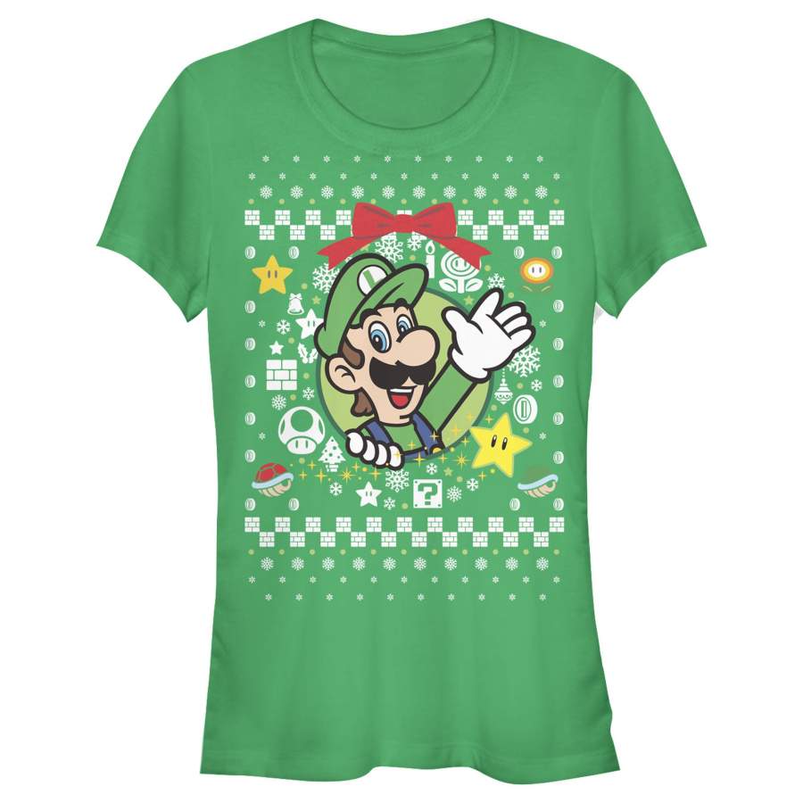 Nintendo Junior’s Ugly Christmas Luigi Wreath  T Shirt