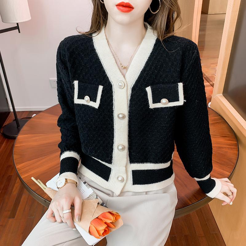 Cropped Cardigan Women French Style Retro Design V-neck Leisure Autumn Feminine Fashion Elegant Sweater Knitting Patchwork Ins alx