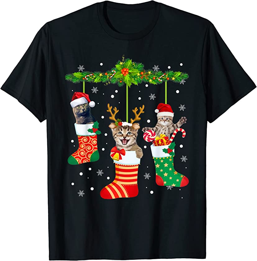 Cat Christmas Sock Santa Candy Xmas Pajama Women Men Kids T-Shirt