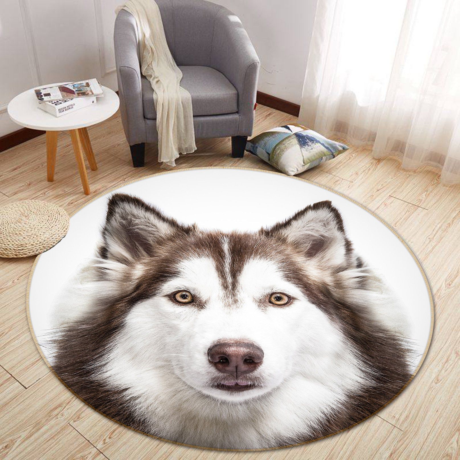 3d Husky Dog Animal Portrait Round Rug Home Decor