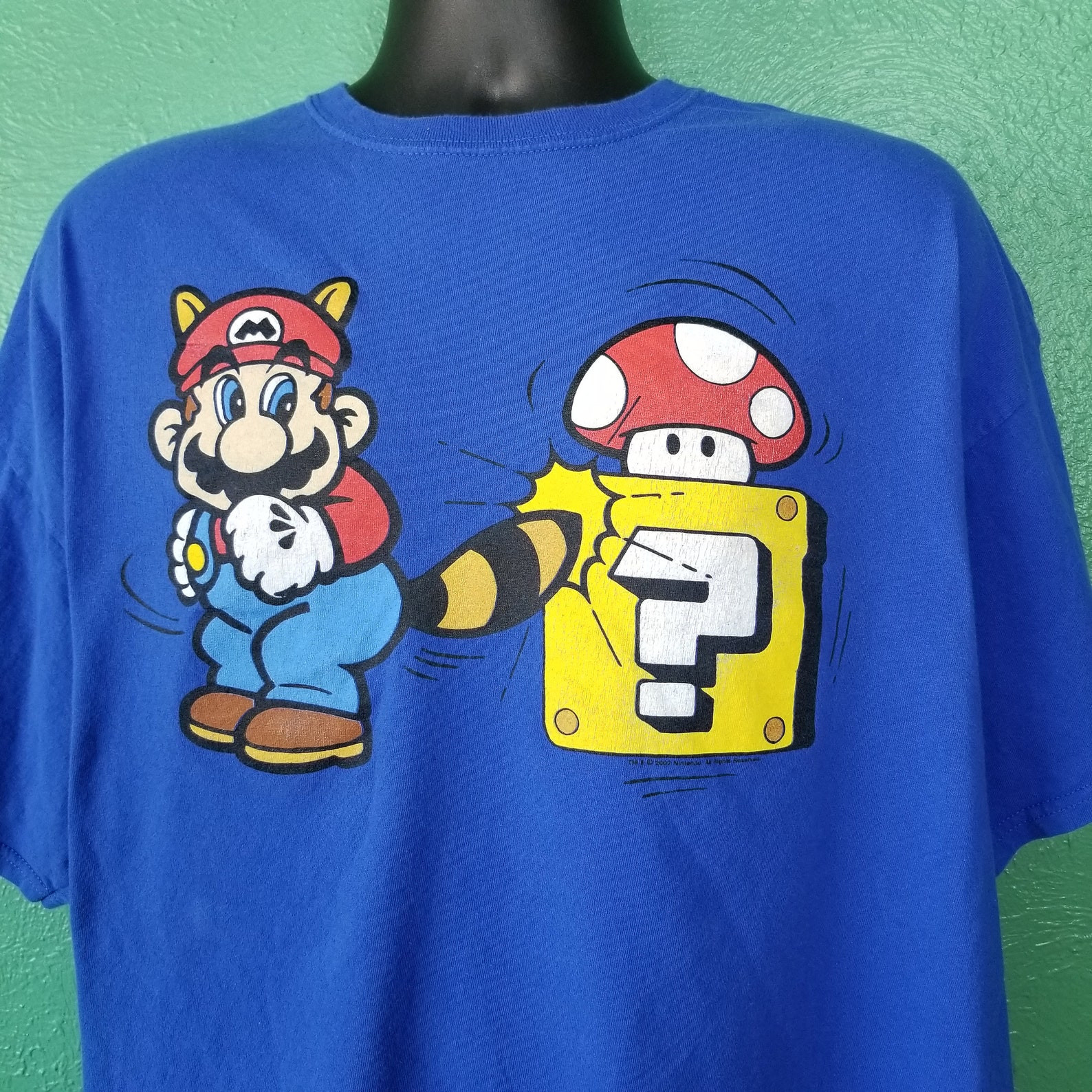 Vintage Super Mario Bros 3 Raccoon Tanuki Mushroom Question Block Blue Shirt 2X