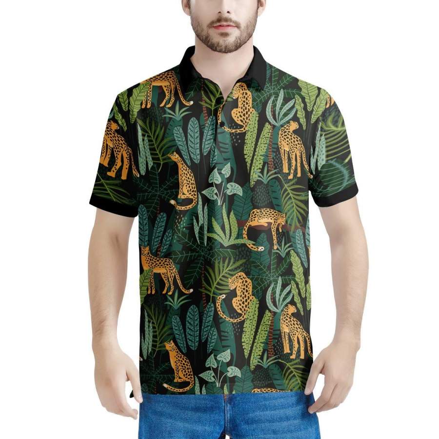 Tropical Leopard Hawaiian Print Men’s Polo Shirts