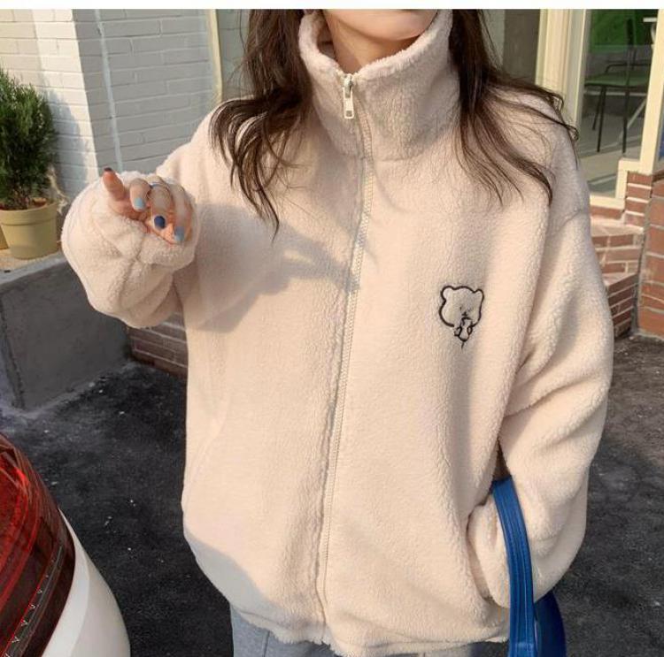 Zippercoat Fashion Lamb Lady Cute Letter Winter Wool Keep Bear Mid-length Biscuit Pink Pullover Embroidery Women Sweatshirt Warm alx