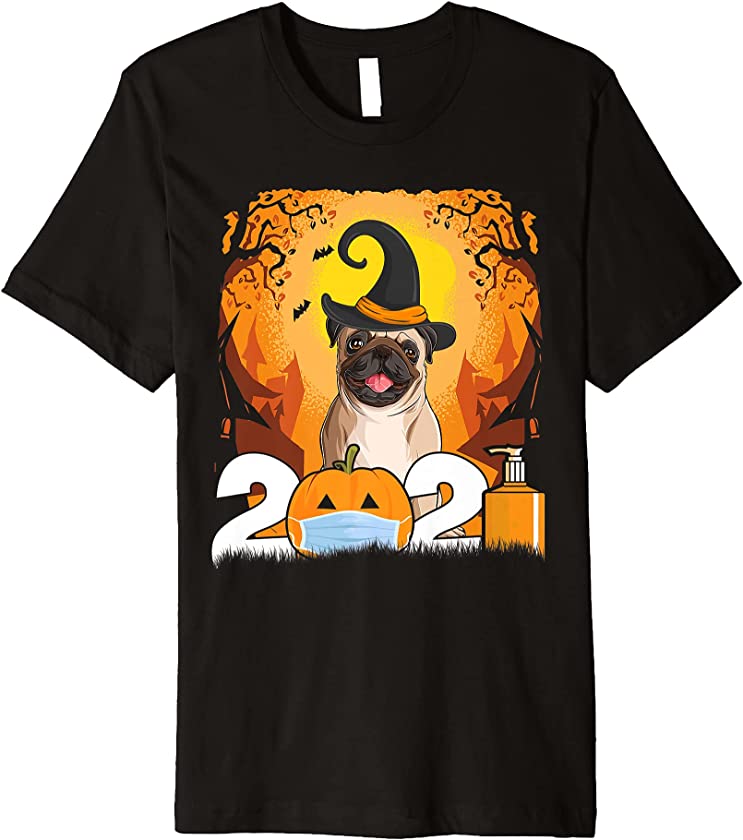 Dog Pug Witch Hat Funny Halloween 2021 Puppy Lover Premium T-Shirt