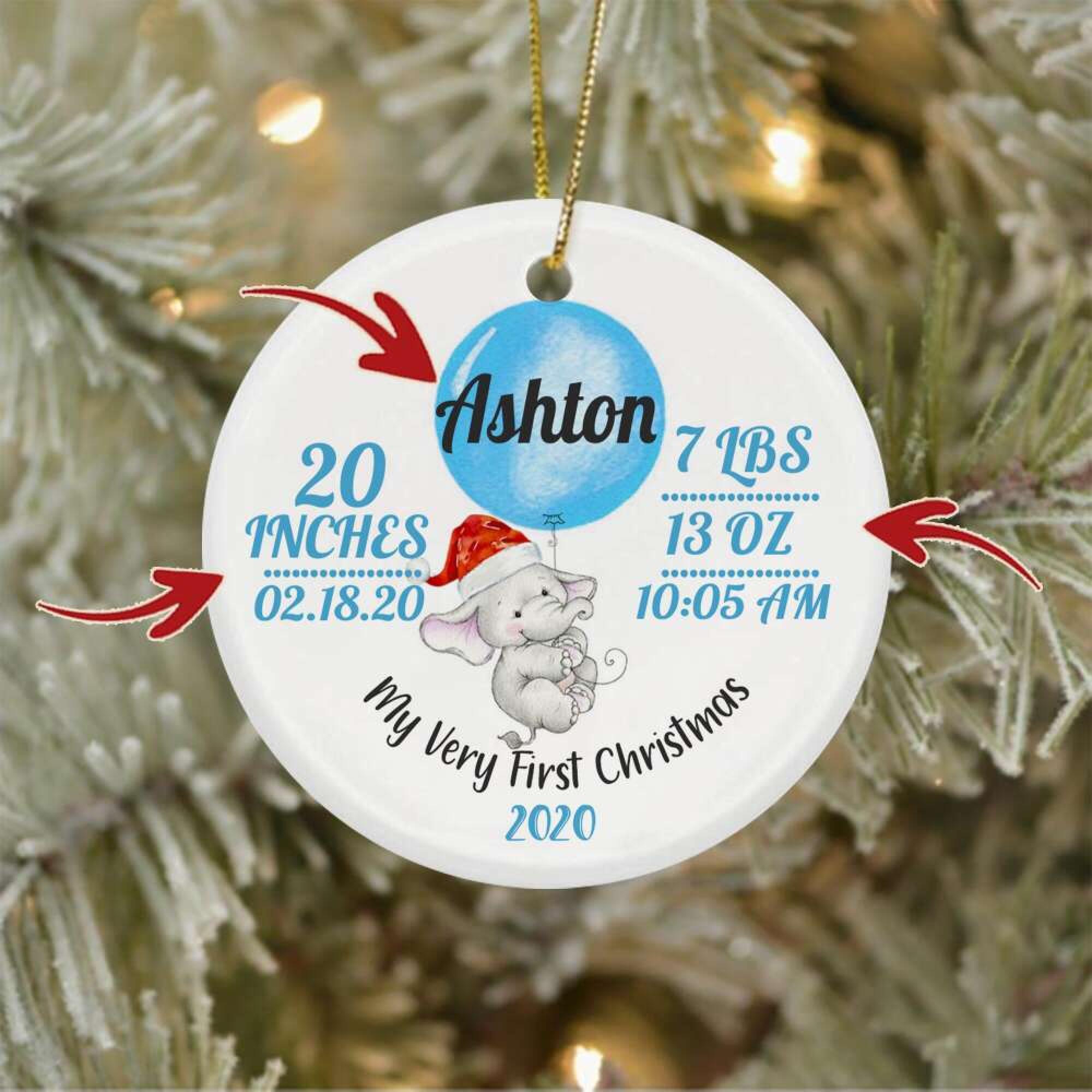 [Personalized Name, Date & Number] Elephant – My Very First Christmas, Baby Ornament Blue