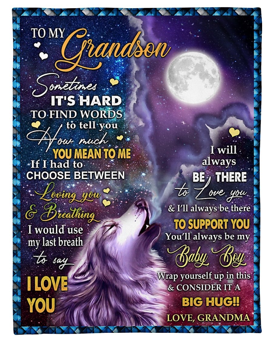 Wolf And Moon To My Grandson I Will Always Be There To Love You Fleece Blanket Gift From Grandma To Grandson Home Decor Bedding Couch Sofa Soft And Comfy Cozy