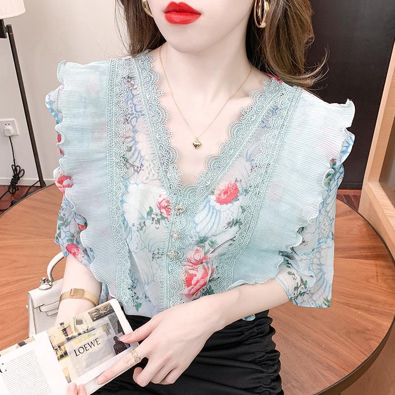 2021 summer temperament new women’s French retro floral embroidery chiffon blouse lace stitching puff sleeve shirt casual alx