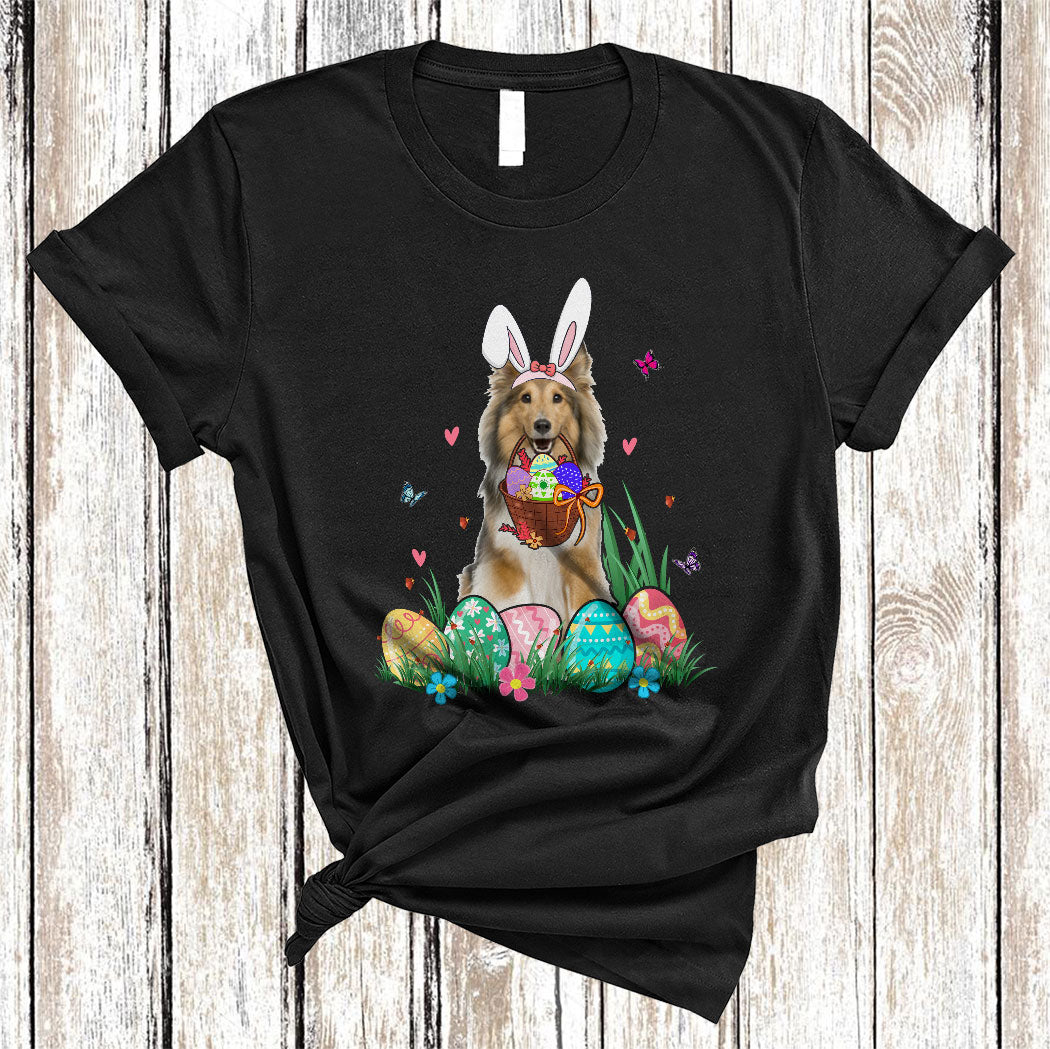 Bunny Shetland Sheepdog With Easter Egg Basket Funny Easter Day Flower Egg Hunt Dog Lover T-Shirt