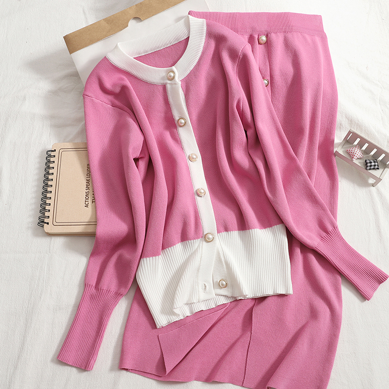 Women Autumn Pink O-Neck Single Pearl Breasted Knit Cardigan + Elastic Split Long Skirt Set OL Elegant Work 2 Piece set Suit alx